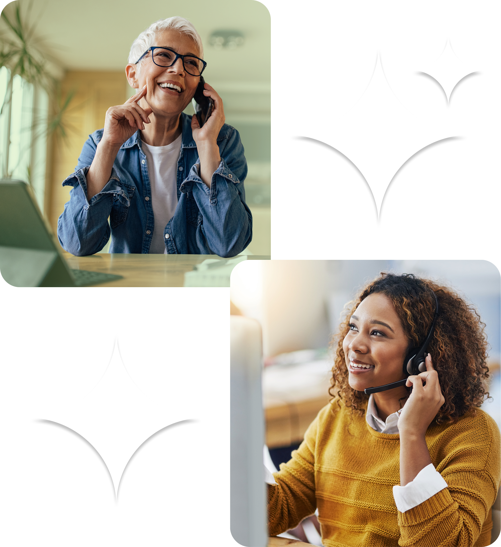 Graphic of two people interacting, customer service assisting a customer with AI assistance